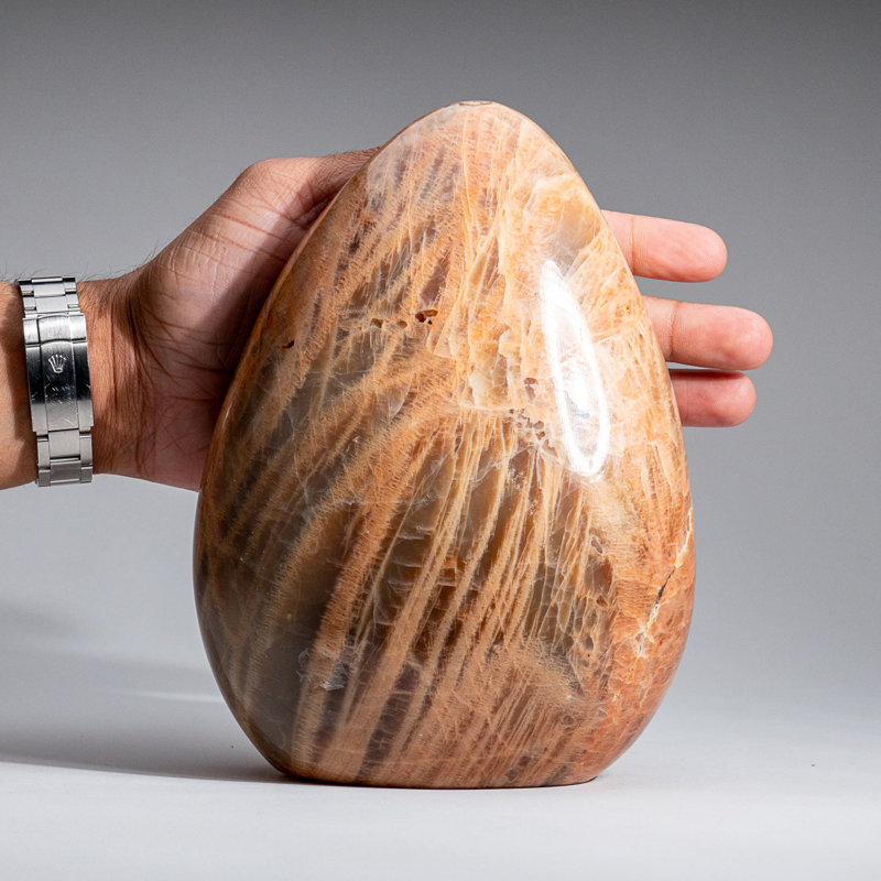 Genuine Polished Peach Moonstone Freeform from Madagascar (3.3 Lbs), 7.5" H x 6" W x 3.5" D, Light Peach/Tan/Gray