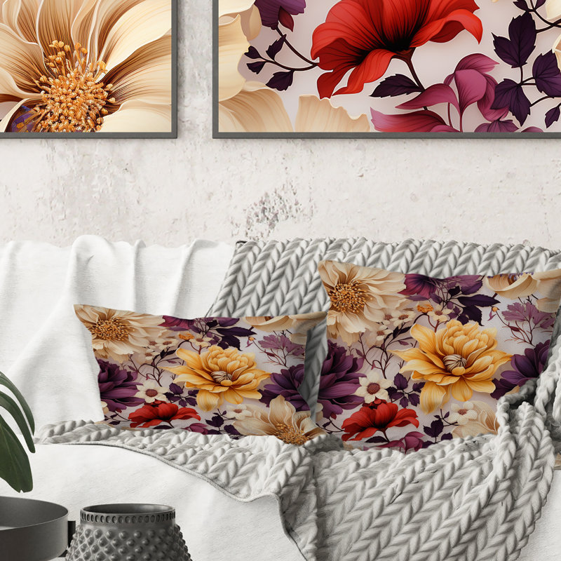Oreiller floral en polyester mauve et jaune