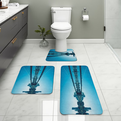  New York Bathroom Rug Set 3 Pieces U-Shape & Rectangle Mats Blue White