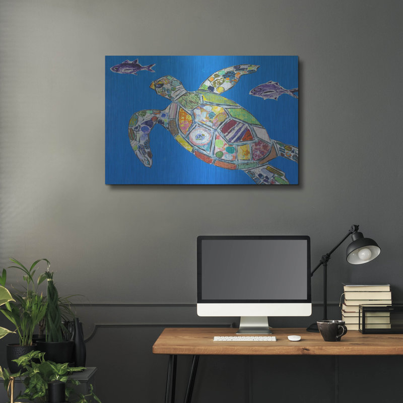 Blue Sea Turtle Metal Wall Art with Colorful Mosaic Design, 36" x 24"