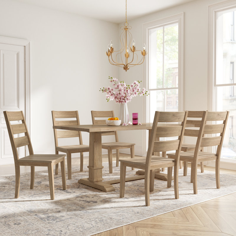 Table de salle à manger à tréteaux avec chaises en bois massif Heymann, 7 pièces : table, 6 chaises, Tanné