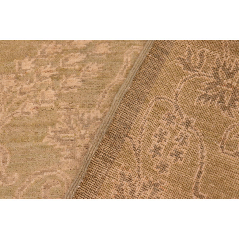 Tapis vert floral en laine noué à la main 4 pi 6 po x 6 pi 5 po Floral