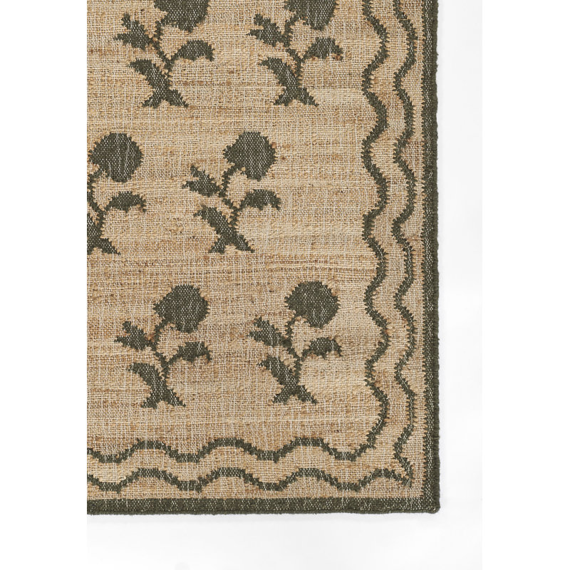 Erin Gates by Momeni Orchard Leaning Flower Jute and Wool Hand Woven Green Area Rug, Rectangle 3'6" x 5'6"