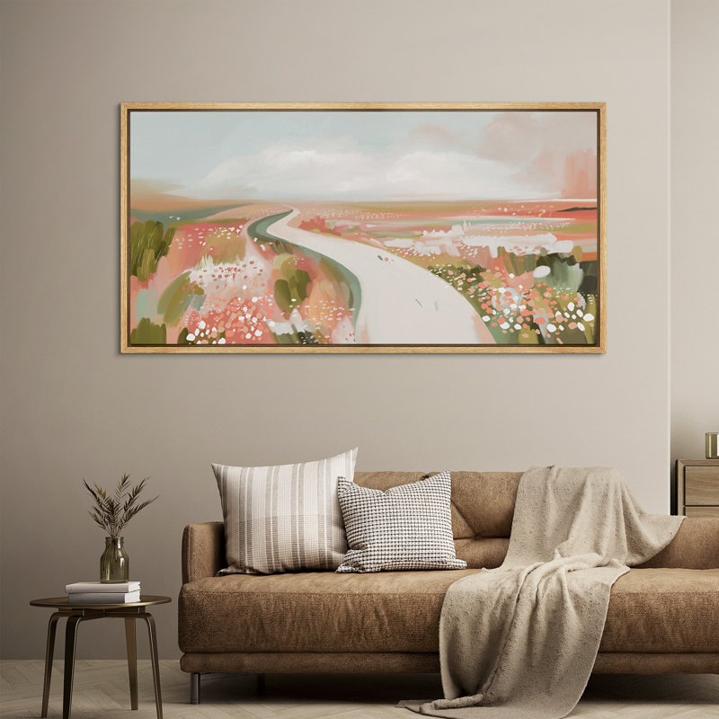Art mural sur toile Whimsical Pink Field Pathway - Paysage floral abstrait ludique pour salon moderne, H 30 po x l 60 po