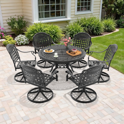 Ensemble de salle à manger d'extérieur rond 7 pièces de 120 cm (47,24 po) avec trou pour parasol, 6 chaises pivotantes, coussins bleus