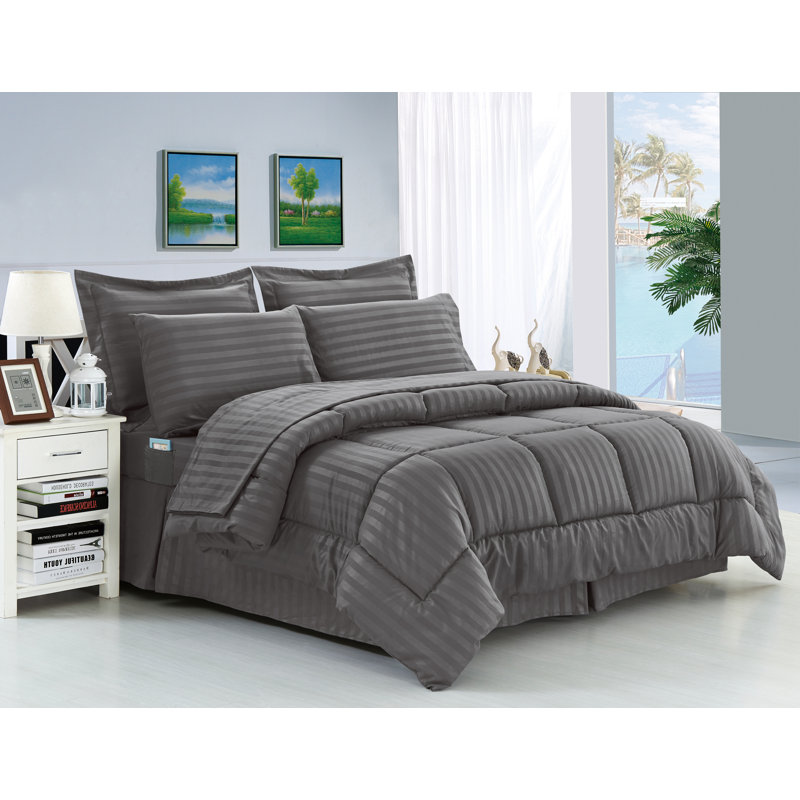 Polyester Baffle Box Stitch Striped Comforter, King/Cal. King Comforter + 7 Additional Pieces, Gray
