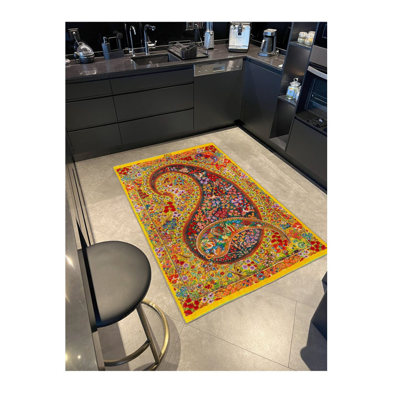 Tapis décoratif jaune à motif floral tissé coloré, Sous-tapis rectangulaire de 3 pi 3 po x 4 pi 11 po