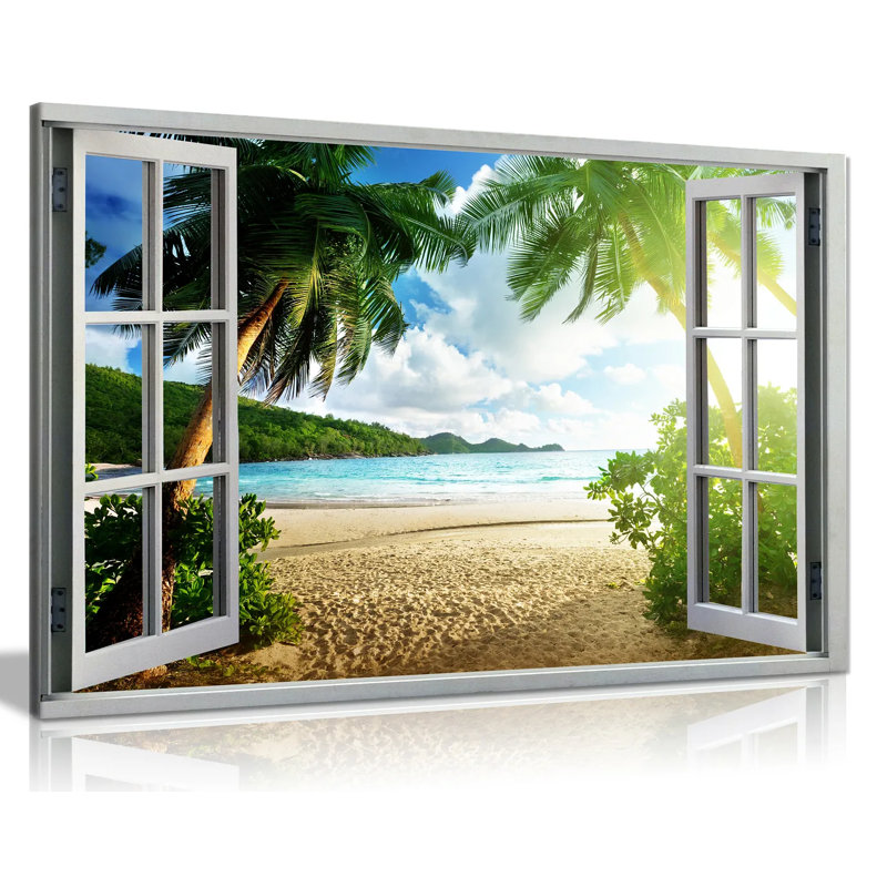 Beach Sunset View 3D Window Effect - Wrapped Canvas Print, 41cm H x 61cm W