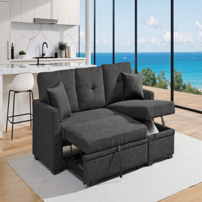 Canapé modulaire 76,5 po en mélange de lin avec lit escamotable et rangement pour chaise longue