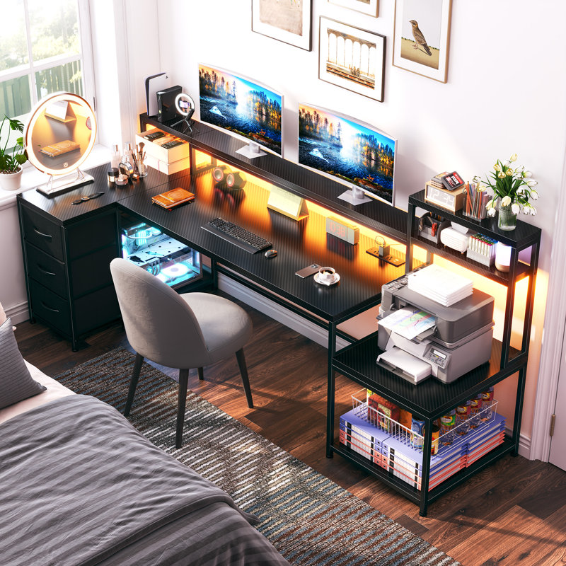 71"w Led L-shaped Computer Desk,gaming Desk With Power Outlet,home Office Desk With Monitor Stand, Black