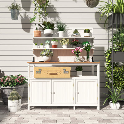 Table de jardinage pour l'extérieur avec huche, banc de rempotage en bois de sapin massif avec grand comptoir, tablettes de rangement, armoires et crochets latéraux