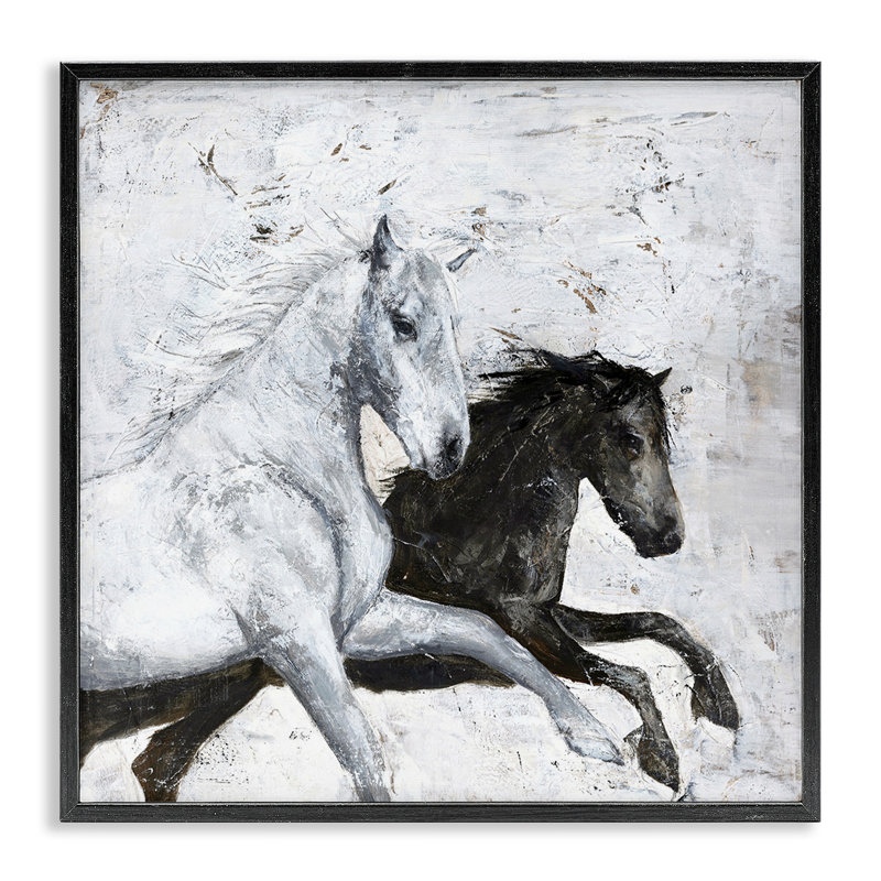 «Wild Horses Racing Rustic Abstract White» par Design Fabrikken - impression d'art graphique, Giclée encadrée noir minuit