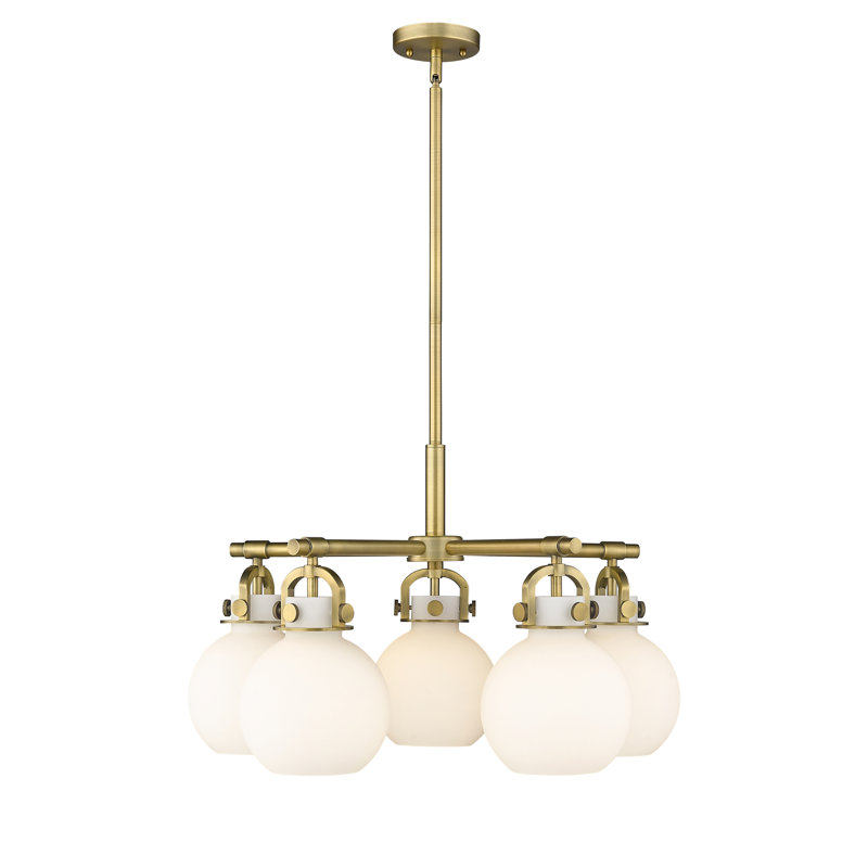 Lustre suspendu 5 lumières Ziyi, Laiton brossé, Blanc mat
