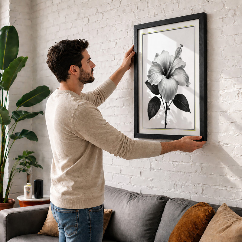 Hibiscus in Bloom Botanical - Framed Print, Black, A4 - 29.7 x 21.0 cm