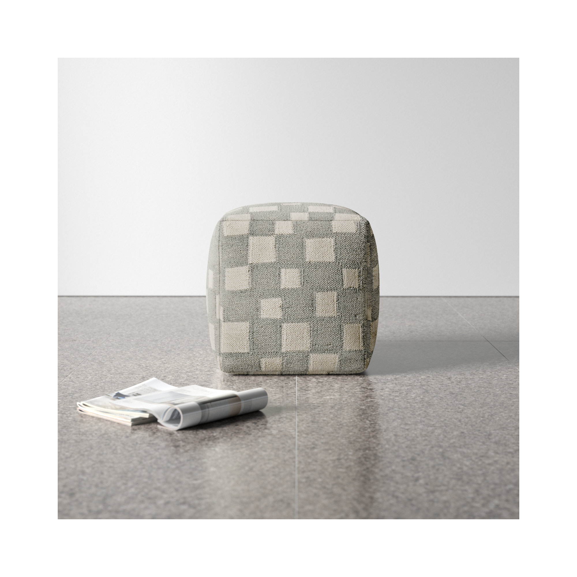 Gwennie Upholstered Pouf, Gray/White Wool/Cotton Blend