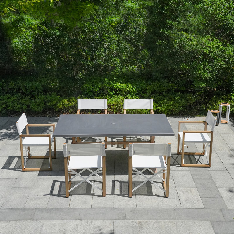 Ensemble repas d'extérieur 7 pièces avec chaises pliantes en bois et table rectangulaire en aluminium