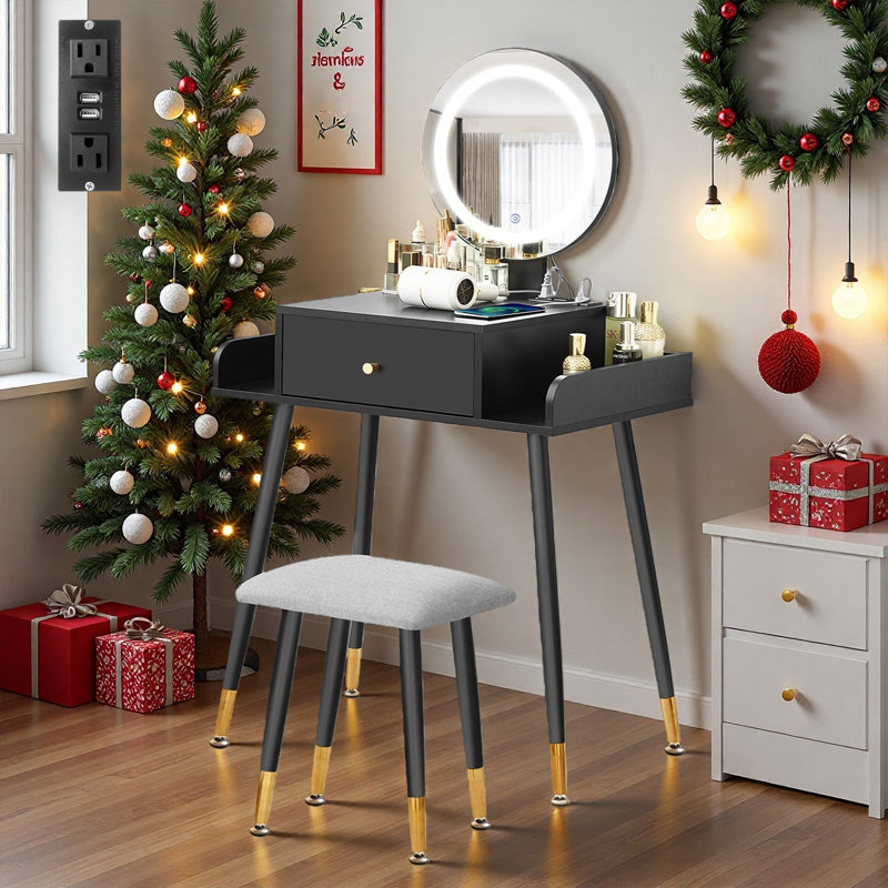 Ridaa Small Makeup Vanity Table Set with 3 Modes Brightness Adjustable Lighted Mirror, Compact Vanity Desk with Charging Station & Cushioned Stool, Dressing Table for Bedroom Apartment with Storage Drawer, for Kid Gift