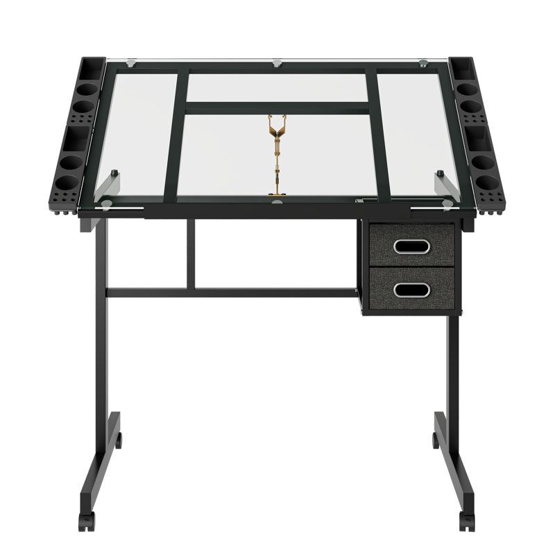 Bureau de dessin réglable réglable avec 2 tiroirs en tissu et 4 roulettes, Black
