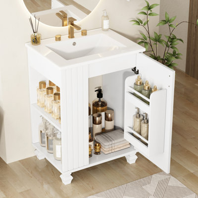 Meuble-lavabo de salle de bain rétro classique 23,74 po avec lavabo, structure en bois massif, quincaillerie élégante, espace sous le lavabo, fini débordement, charnières, rangement latéral ouvert, trous de robinet pré-percés