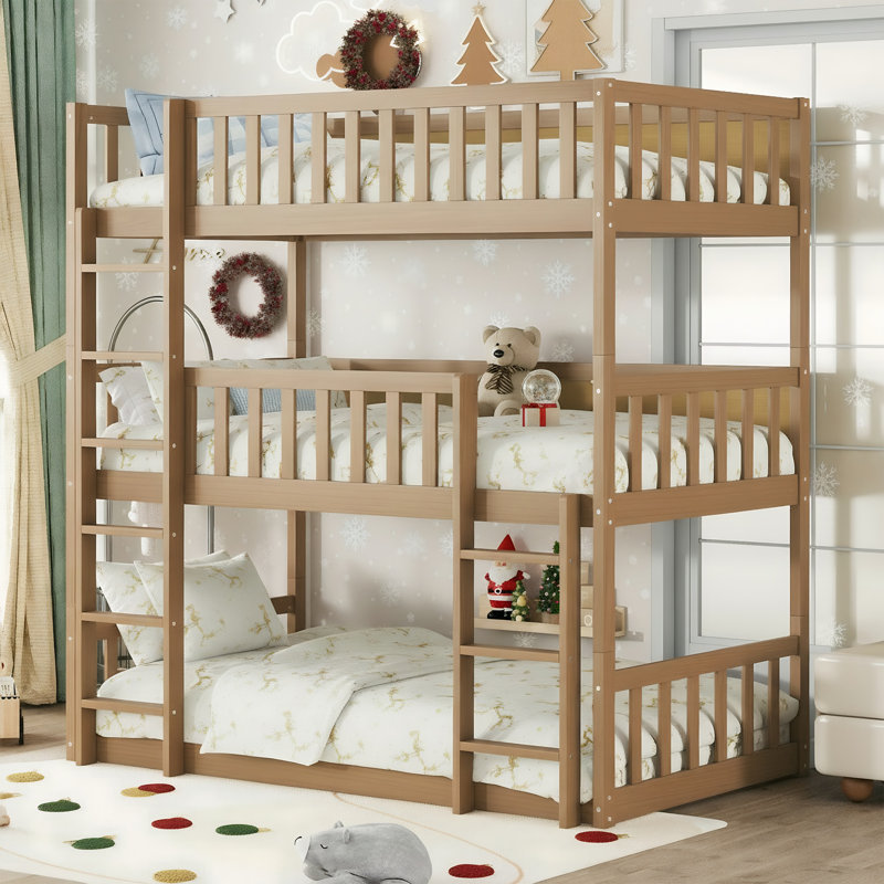 Modern Rubber Wood Twin Over Twin Over Twin Triple Bunk Bed - Detachable Design With Ladders & Full Guardrails, Astm F1427 Certified, Space-saving Furniture For 3 Kids/teens