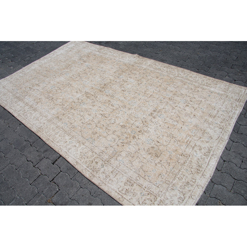 Tapis turc Oushak fait à la main en beige rétro pour un élégant salon en laine de style antique