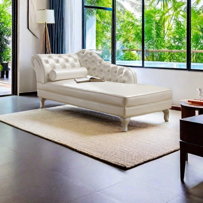Méridienne simple en bois massif, Blanc perle, Accoudoir à gauche (vu de face)