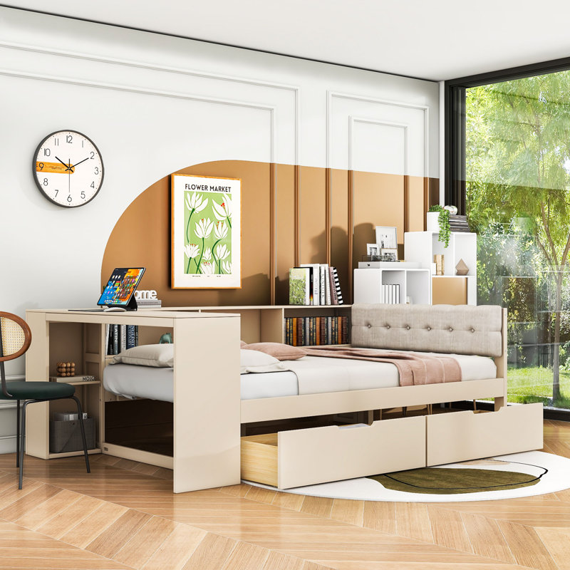 Lit de jour Peeples avec tablettes et tiroirs de rangement intégrés et ports USB, Crème, crème, Double