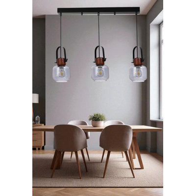 Élégant lustre en métal avec capuchon en verre, hauteur réglable, 5,9 po x 5,1 po | Finition grise, noyer et noire, plaque de base: 21,7 po x 2,4 po x 1,2 po | 3 x douilles E27 de 40 W maximum, pour la salle à manger et les espaces de vie, solution d'éclairage élégante