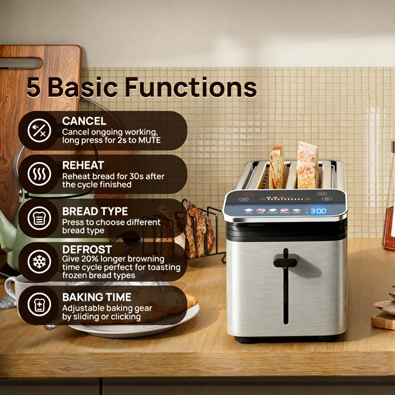 WHALL - Long Slot 4-Slice Toaster - Touch Screen, Extra-Wide 1.5" Slots, 5 Bread Options & 11 Browning Shades