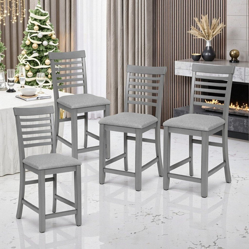 Set Of 4 Solid Wood Counter Height Dining Chairs With Padded Seat, Ladder Backrest & Non-Slip Feet