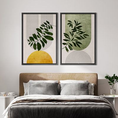 Mid Century Modern Boho "Bold Bright Yellow & Green Leaves Artwork, Abstract Botanical Neutral Wall Pictures, Framed Canvas Giclée Print 3 Pieces Wall Art"