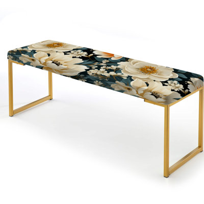 Vintage Nostalgia Beige And Teal Peonies Garden - Floral Upholstered Gold Bench