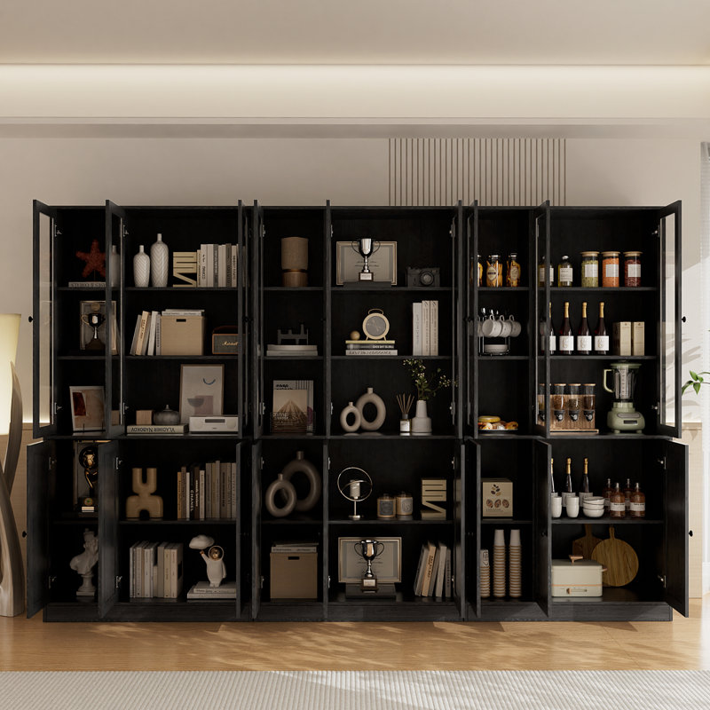3Pcs Kitchen Pantry, 5-Tier Modern Bookshelves With 6 Glass Door, Black
