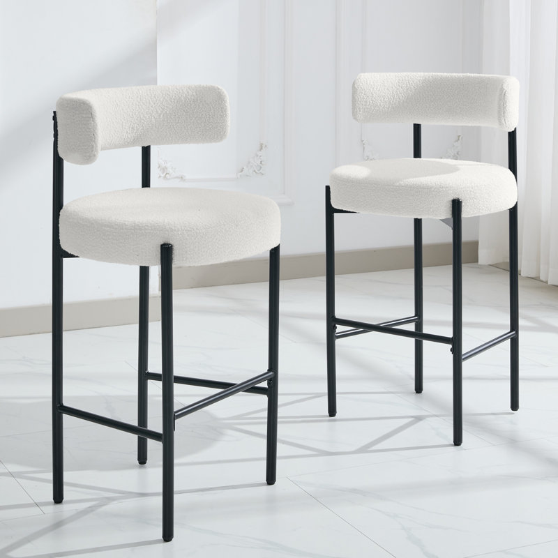 30" Bouclé Upholstered Bar Stool with Curved Back and Metal Frame, White, 2
