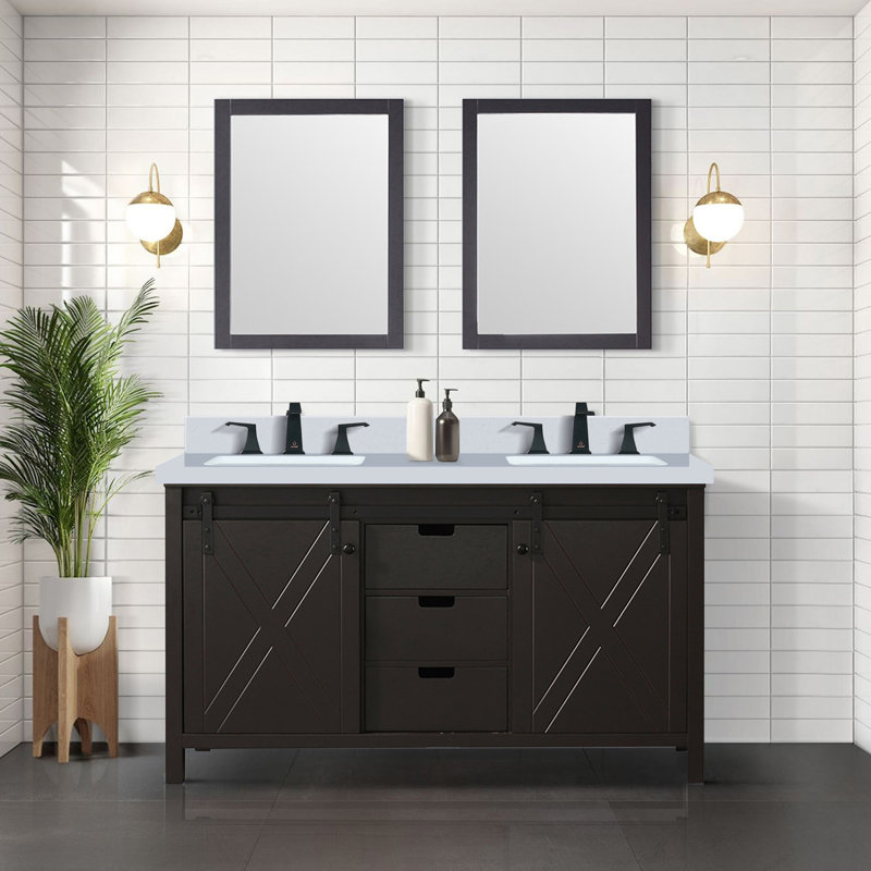 Meuble-lavabo double brun 60 po X P 22 po D, avec comptoir en quartz blanc, Brun