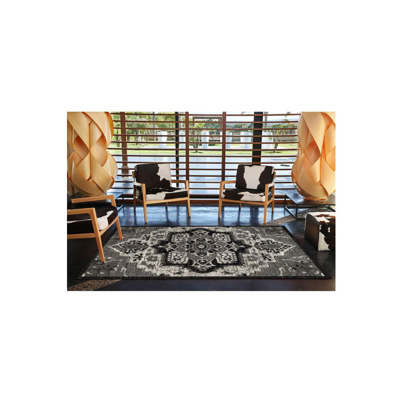 Tapis lavable noir à motif floral losange traditionnel, Sous-tapis carré 3 pi 3 po inclus