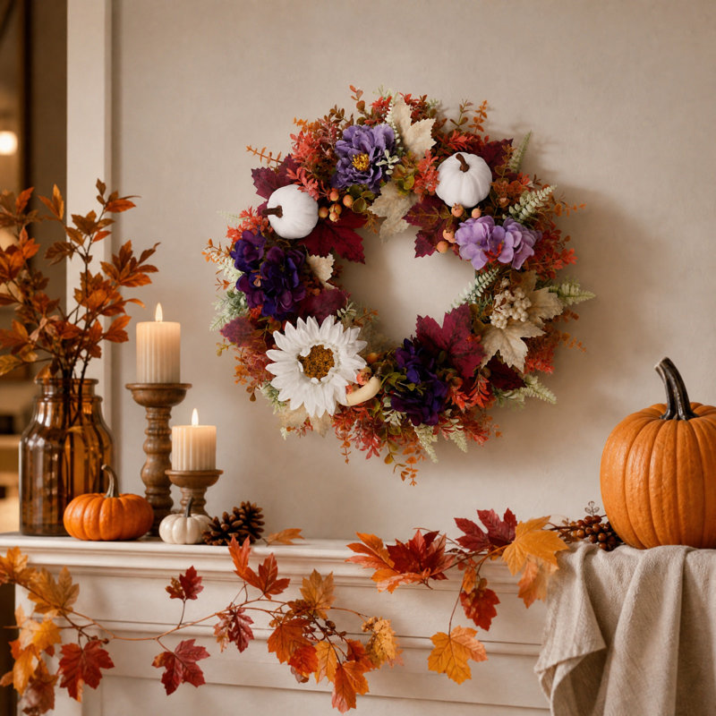 Couronne de citrouilles artificielles avec feuilles séchées, pommes de pin et baies, décoration d'automne pour l'intérieur et l'extérieur, idéale pour les récoltes de Thanksgiving.