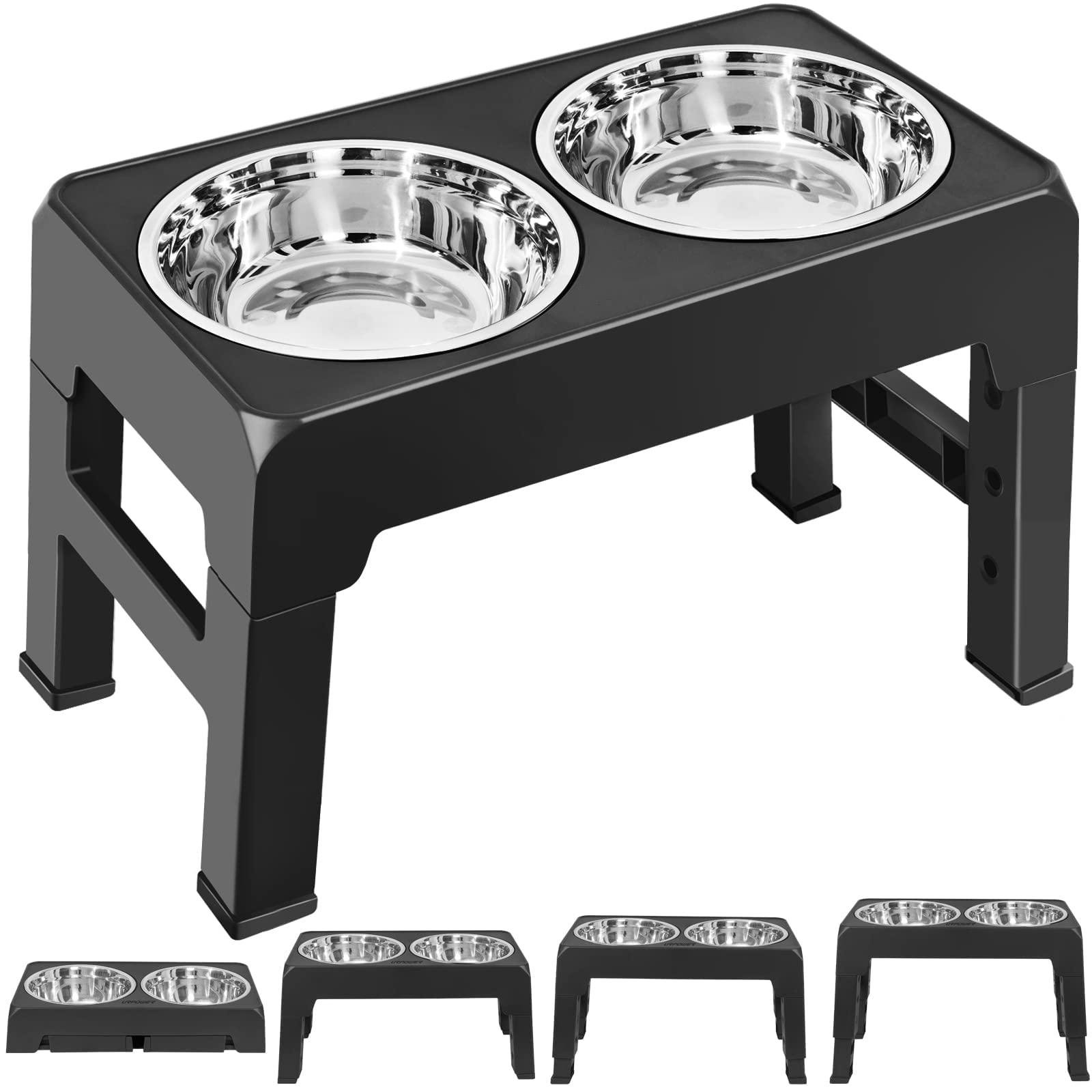Adjustable Pet Dog Feeder, 12, 14 or 16 Tall Raised Dog Bowl Stand,  Comes with Four Stainless Steel Dog Bowls