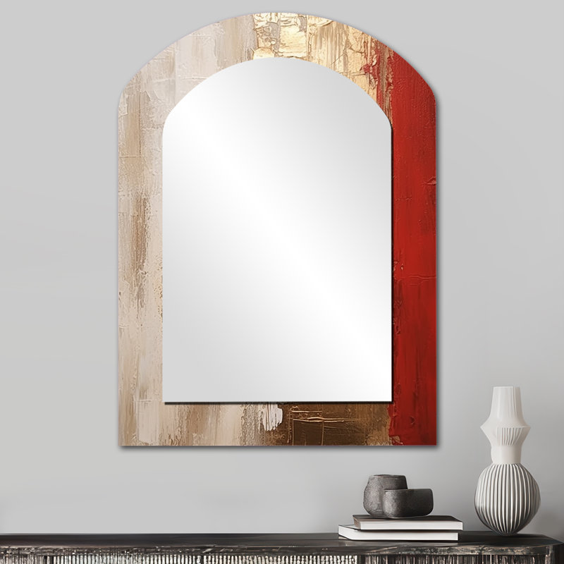 Pleine lune rédempte abstraite or et rouge I - peinture abstraite, miroir décoratif asymétrique, miroir mural arche moderne, impression d'art en métal