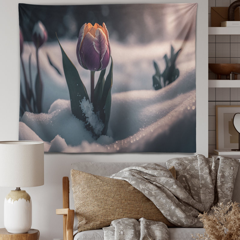 Polyester - Fleur de tulipe mauve en tapisserie d'hiver, H 32 po x l 39 po