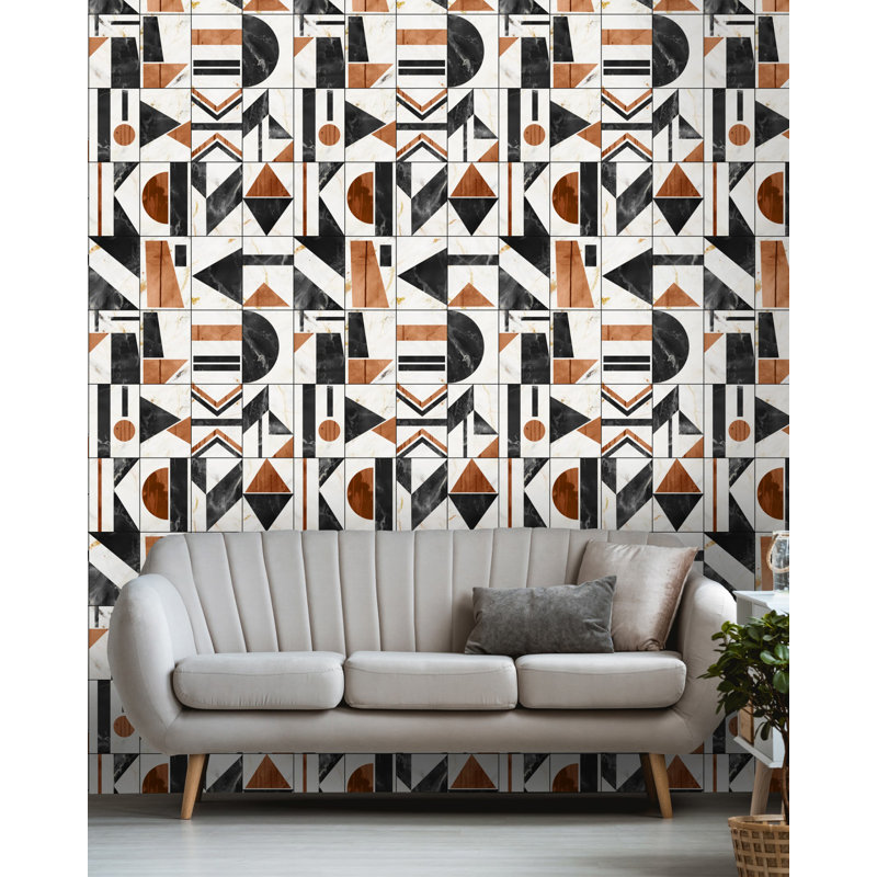 Manhattan Geometric Wallpaper Roll, Taupe/Black/Crimson