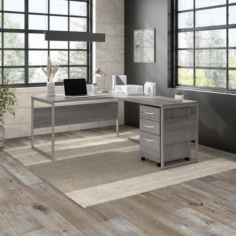 Gaythorne L-Shaped Computer Desk Office Set in Platinum Gray - Reversible, Platinum Gray