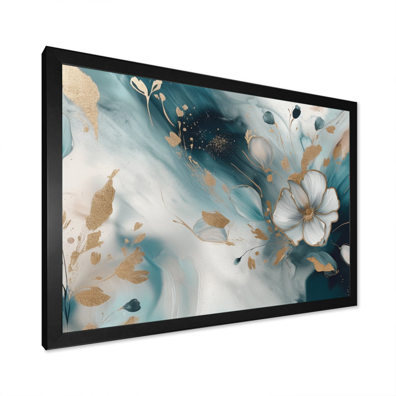 «Blue and Gold Exploration Floral Forms II», reproduction sur toile florale abstraite, Impression noire sur toile encadrée