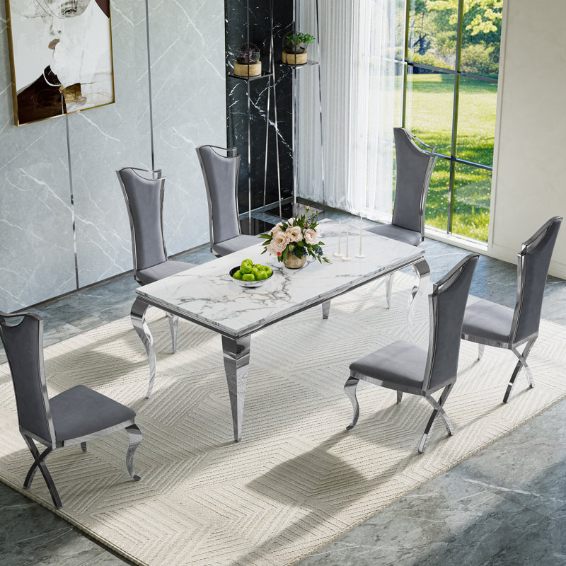7-Piece Modern Dining Set with Faux Marble Table and Upholstered Chairs – Velvet & PU Options, Stainless Steel Legs, Seats 6