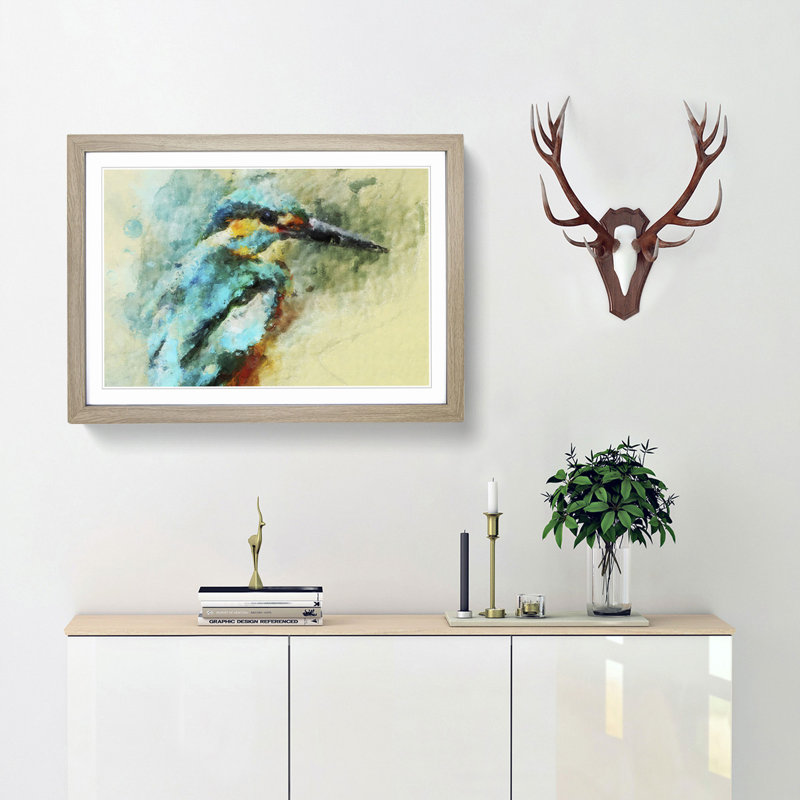 Kingfisher Illustration in Abstract - Framed Print, 60cm H x 91cm W x 2cm D, Oak