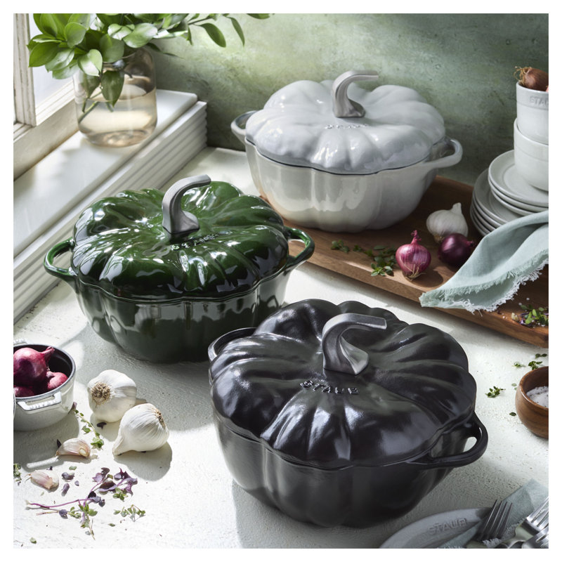 STAUB Cast Iron 3.5-Qt Pumpkin Cocotte With Stainless Steel Knob - Basil