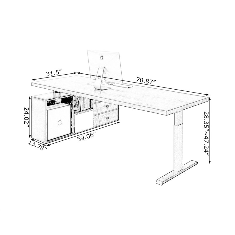 Brown + Black Rectangular Solid Wood desks, 47.24" H x 70.87" W x 31.5" D, Right Hand Return