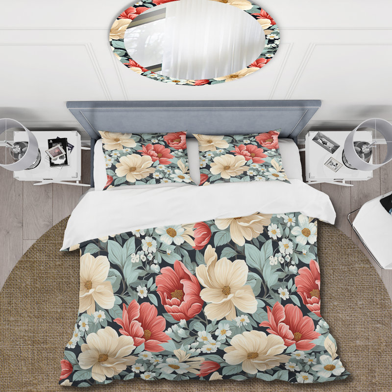 Ensemble de housse de couette rose rétro Flower Garden Symphony II, Housse de couette simple + 1 taie décorative stan