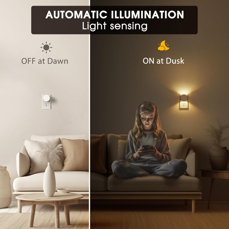 Cylinder Thin Gold Metal Plated Plug-In Night Light With Light Sensor, 5000K Daylight, Sliding