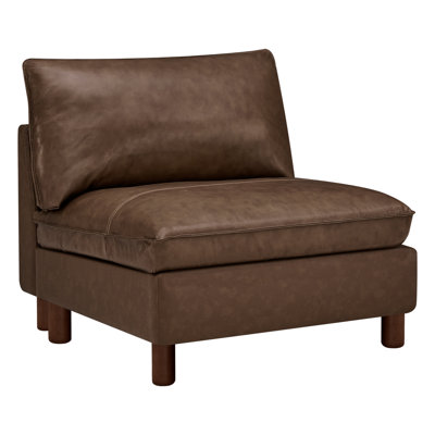 Solena 34.6" W Genuine Leather Armless Chair With Solid Wood Base